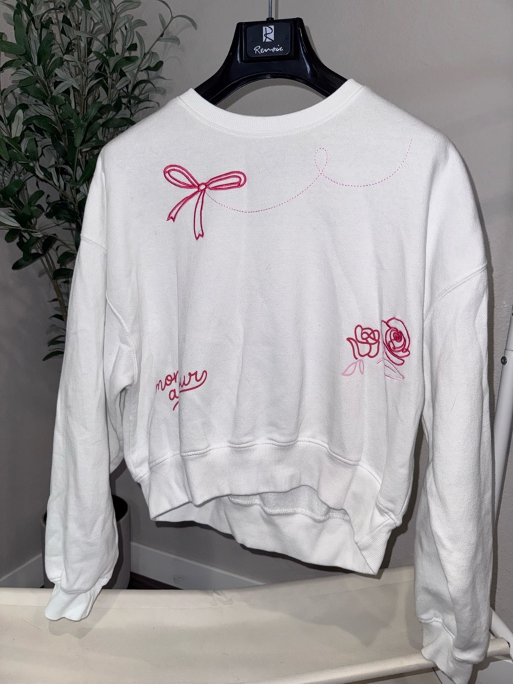 Women’s White Crewneck Sweatshirt with Pink Ribbon & Rose Embroidery